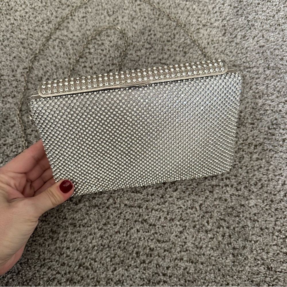 BOUTIQUE Crystal Rhinestone Frame Clutch Silver Chain R $55 PROM - Picture 7 of 15